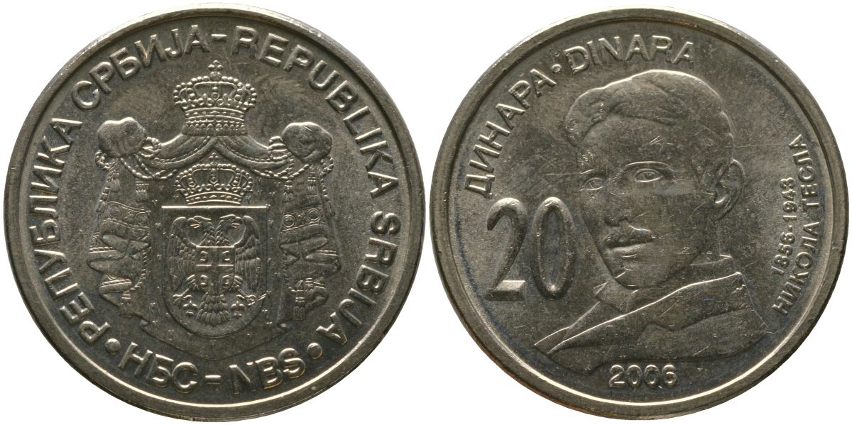 Сербия 20 динаров 2006 150 лет со дня рождения Николы Теслы KM 42 медь цинк никель aUNC 4557-224