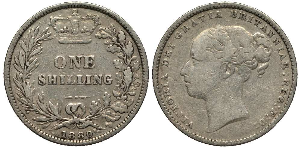Великобритания 1 шиллинг 1880 Виктория (1837-1901) KM 734.4, Spink 3907 серебро 1518-1244