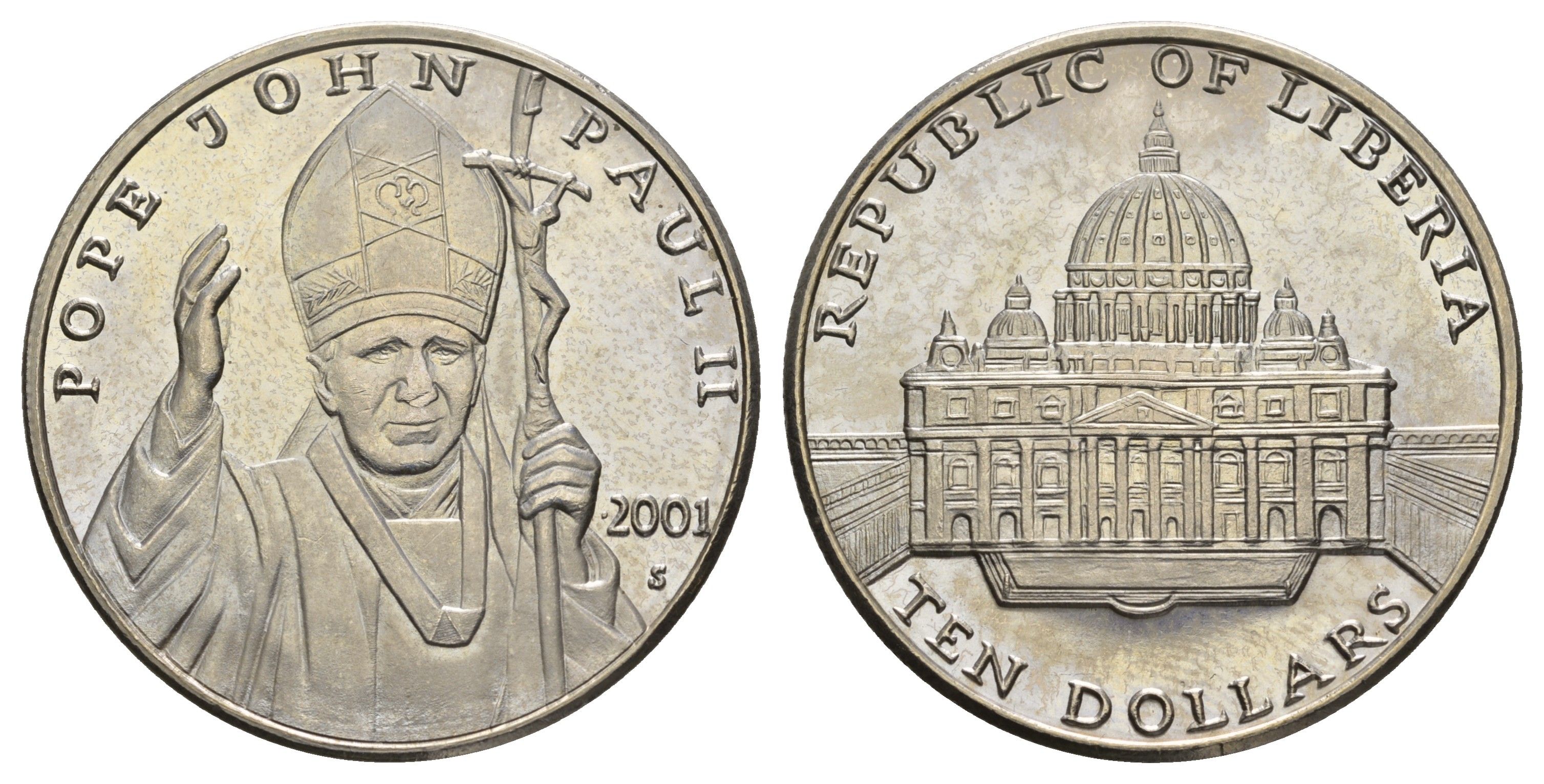 Либерия 10 долларов 2001 Иоанн Павел II KM 643a медно-никель PROOF 443-813