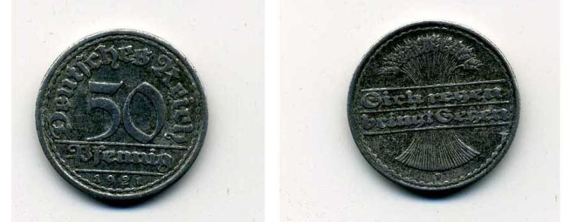 ГЕРМАНИЯ 50 ПФЕННИГОВ 1921 F KM 27, J. 301 алюминий 35-1215