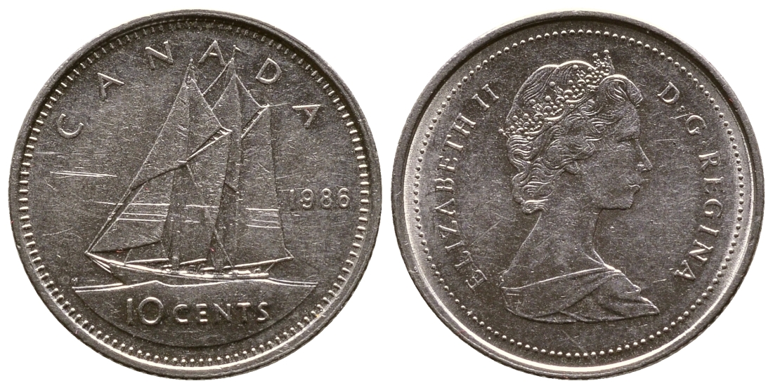 Канада 10 центов 1986 Елизавета II (1952-2022), парусник KM 77.2 никель 4110-1764
