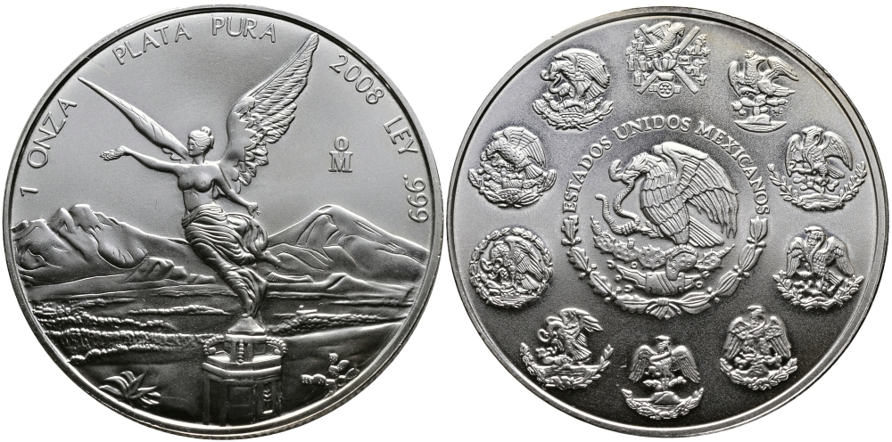 Мексика 1 унция 2008 богиня победы Ника серебро UNC 413-2143