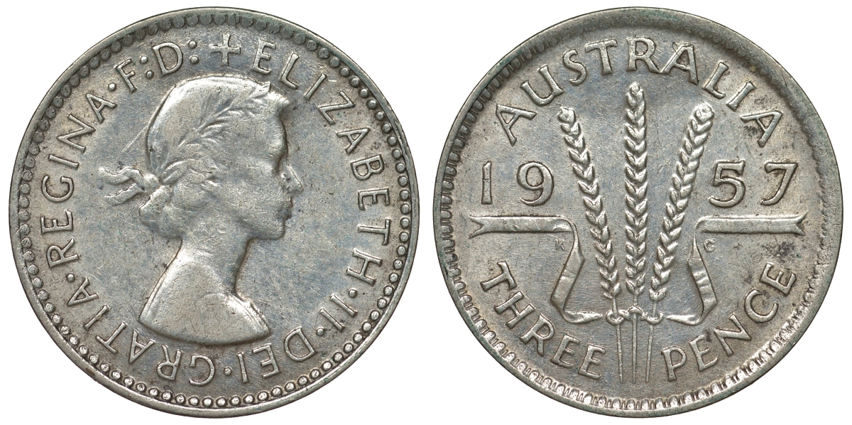 Австралия 3 пенса 1957 m, Елизавета II (1952-2022) KM 57 серебро 71-468