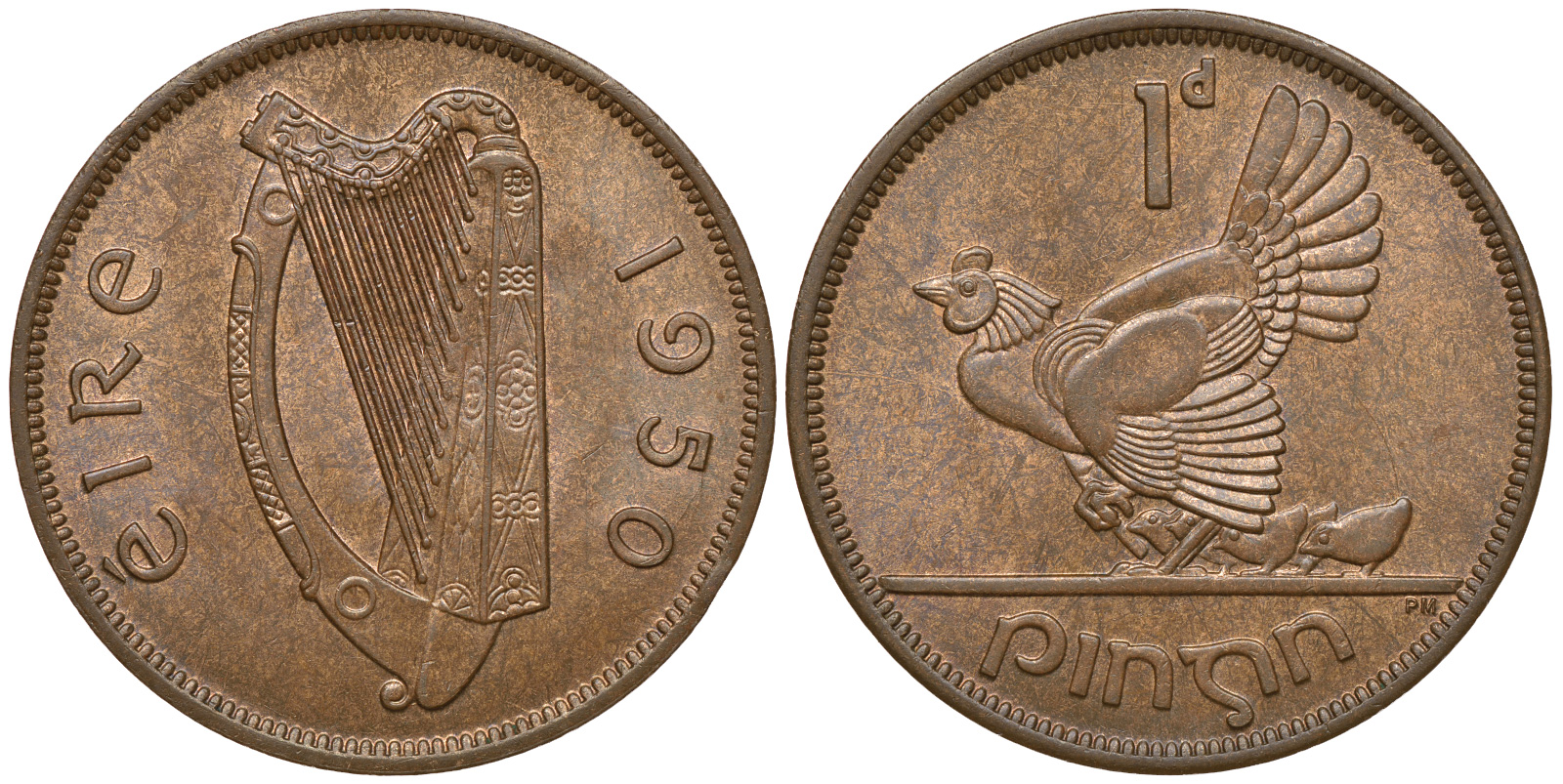 ИРЛАНДИЯ 1 ПЕННИ 1950 КУРИЦА С ЦЫПЛЯТАМИ KM 11 бронза aUNC 4389-821