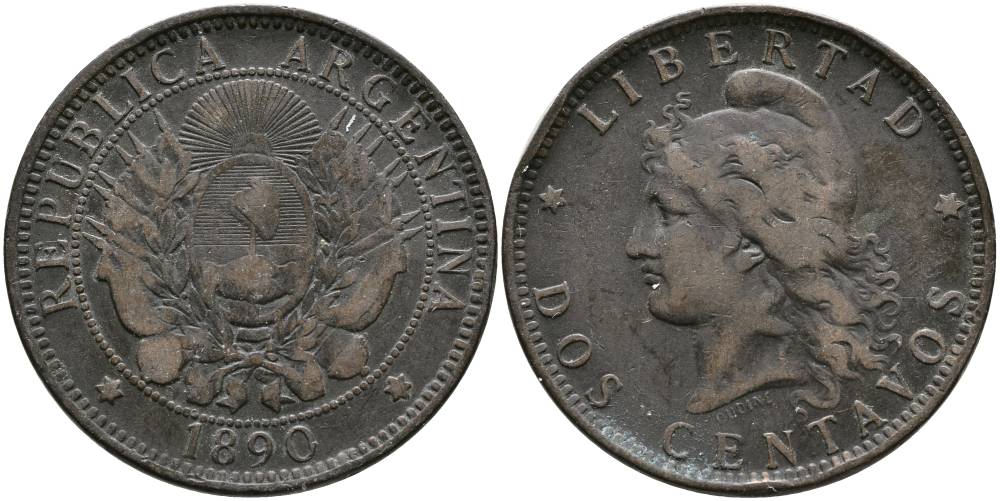 Аргентина 2 сентаво 1890 голова свободы влево KM 8 бронза 4531-944