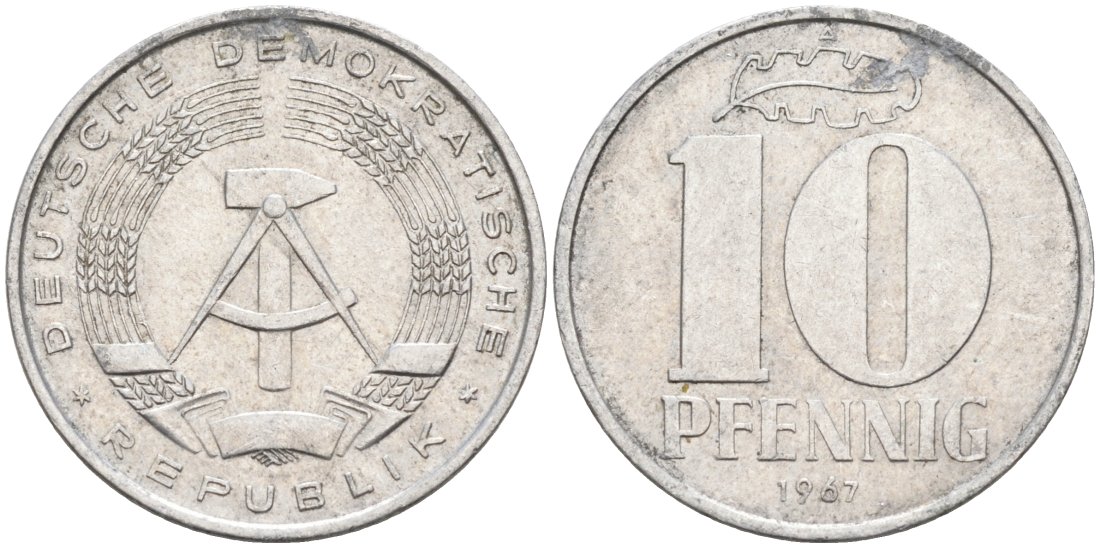 ГДР 10 пфеннигов 1967 А KM 10 алюминий 4571-652