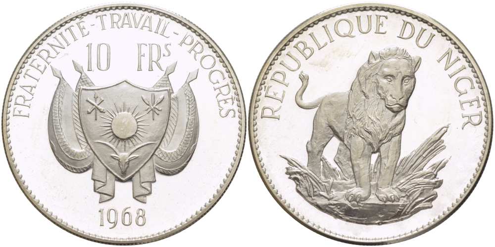 Нигер 10 франков 1968 лев, с чертой над Е, в слове Republique, тираж 1000 экземпляров KM 8.1 серебро PROOF 1080-8-11