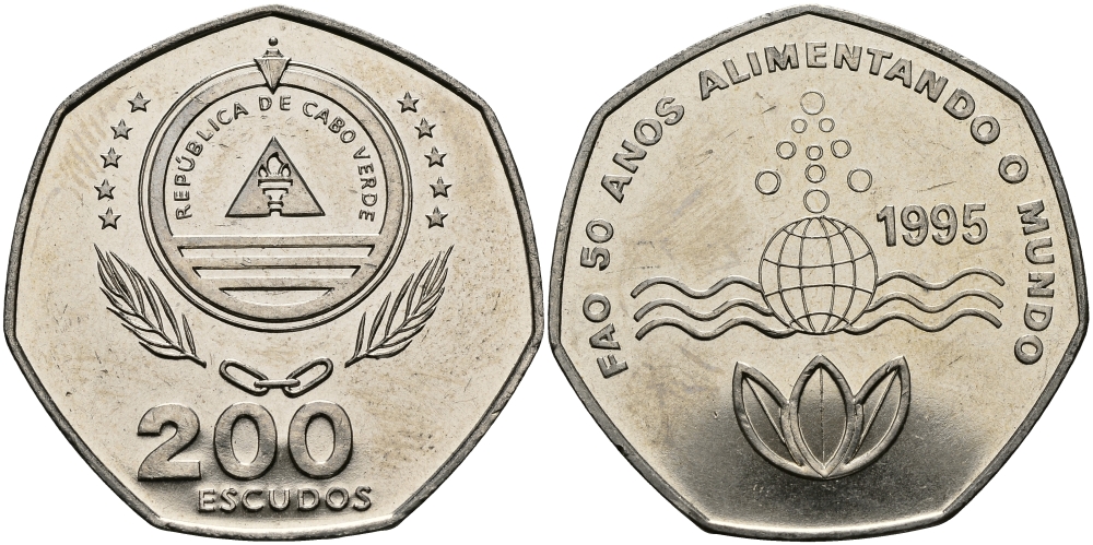 Кабо-Верде 200 эскудо 1995 50 лет FAO KM 34 медно-никель UNC 3333-934