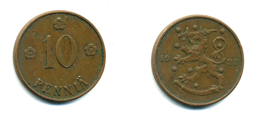Финляндия 10 пенни 1928 республика (1918-1962) KM 24 медь 46-1617