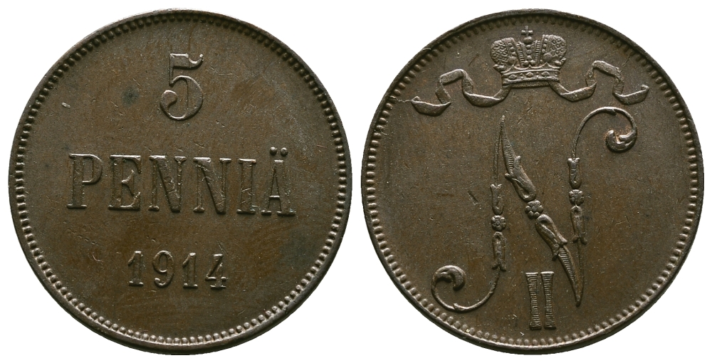 Россия для Финляндии 5 пенни 1914 Николай II (1894-1917) KM 15, Биткин 454 медь 4382-841