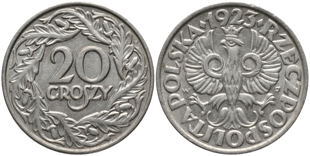 ПОЛЬША 20 ГРОШЕЙ 1923 KM 12 никель 80-714