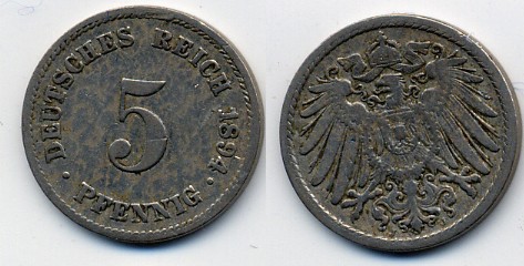 ГЕРМАНИЯ 5 ПФЕННИГОВ 1894 J, KM 11, J. 12 медно-никель 51-5252