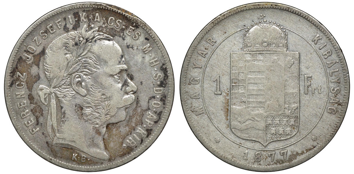 Венгрия 1 форинт 1877 КВ, Франц Иосиф I (1848-1916) KM 453.1 серебро 1527-1322