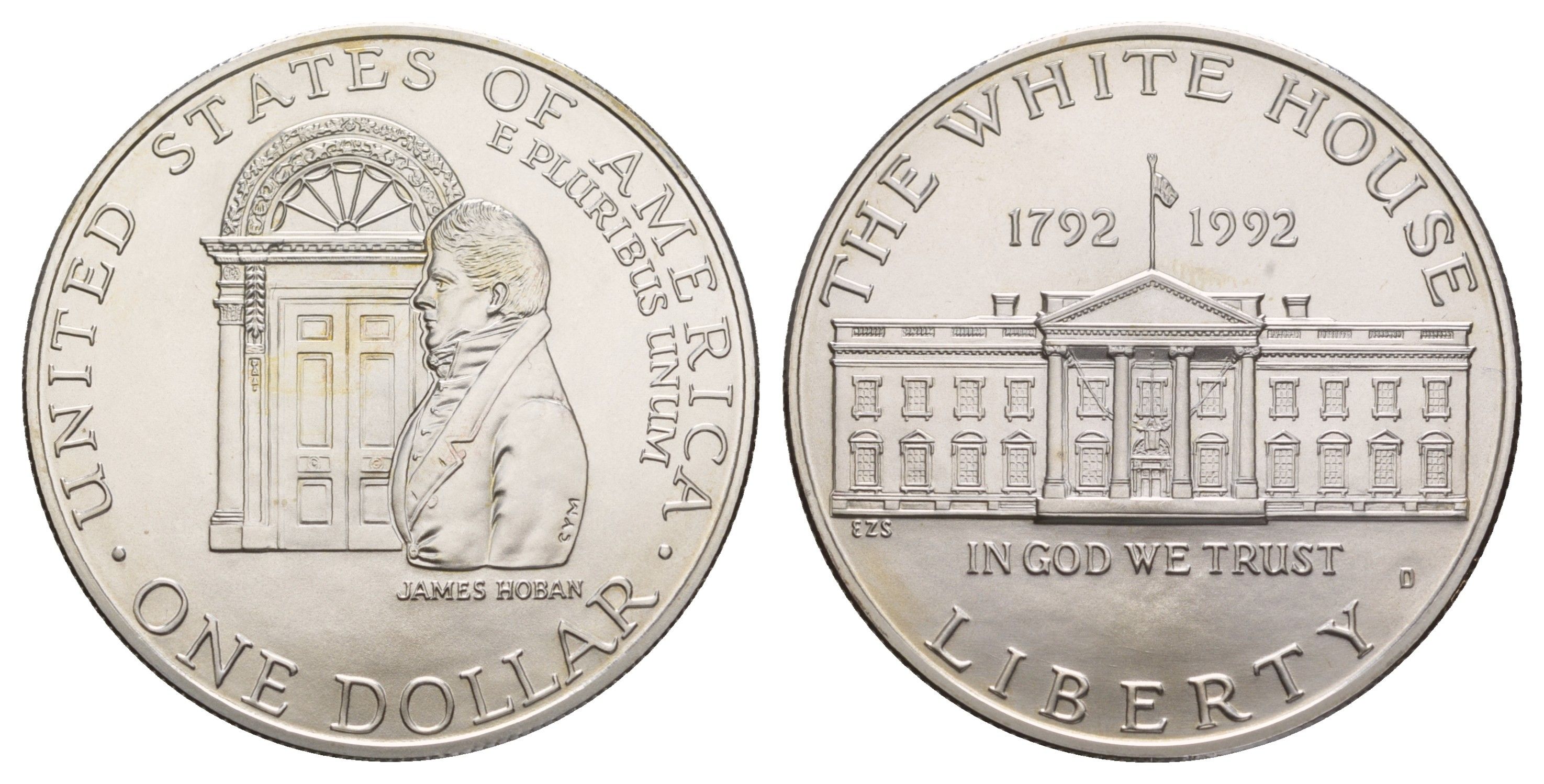 США 1 доллар 1992 D, 200 лет Белому Дому KM 236 серебро BU 11-266-12