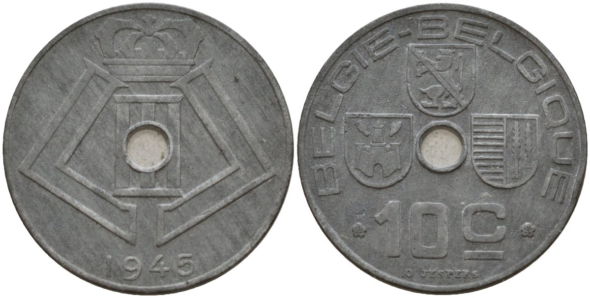 Бельгия 10 сантимов 1945 Belgie - Belgique, Леопольд III (1934-1947), германская оккупация, Вторая мировая война KM 126 цинк 4161-347