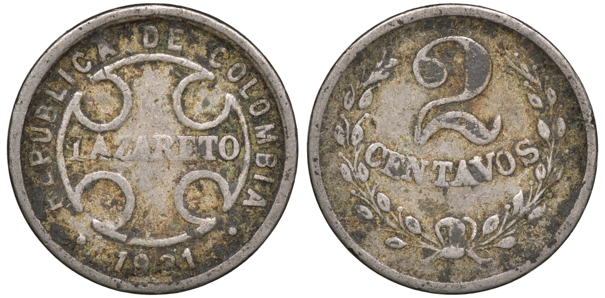 Колумбия 2 сентаво 1921 государственный лепрозорий KM L10 медно-никель 53-1022