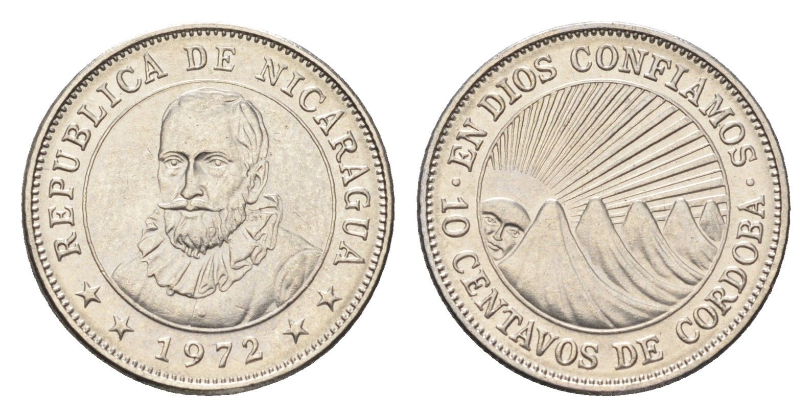 Никарагуа 10 сентаво 1972 год-тип KM 17.2a сталь плакированная никелем UNC 4668-828