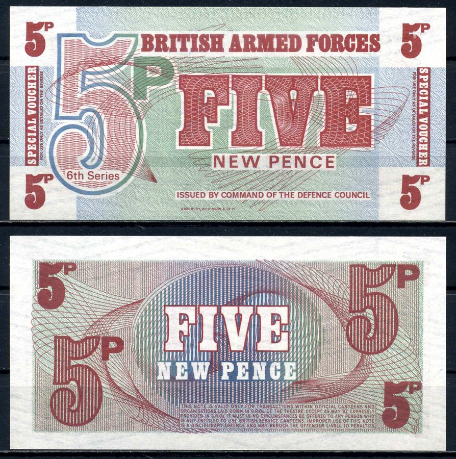 Англия 5 пенсов ND (1972) 6-ая серия, Bradbury Wilkinson Pick M47  бумага  UNC (пресс) 6281-40-2-1