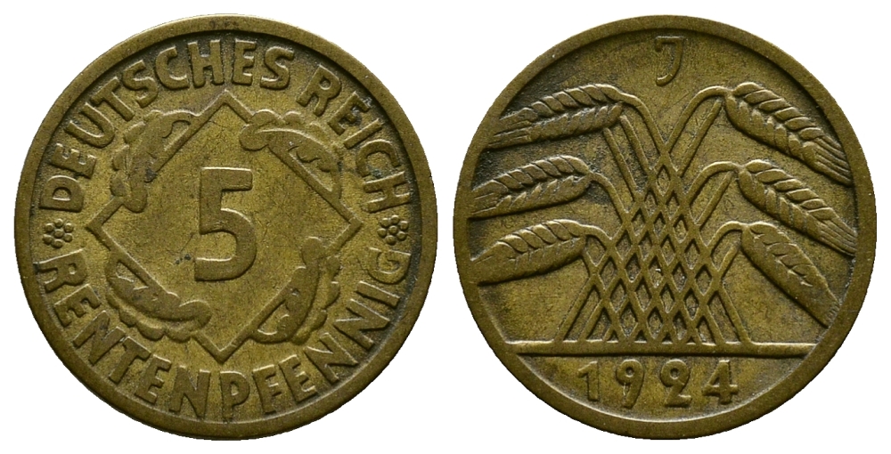 ГЕРМАНИЯ 5 РЕНТЕНПФЕННИГОВ 1924 J, KM 32, J. 308 алюминиевая бронза 4380-1011