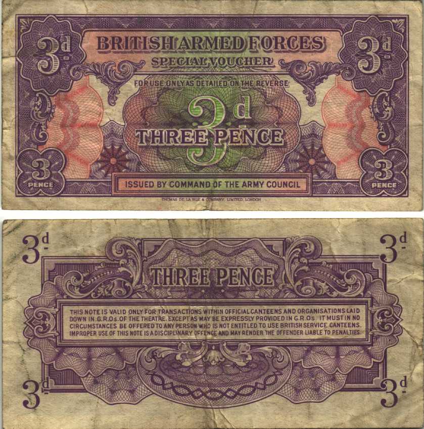 Великобритания 3 пенса 1946 первая серия, для вооруженных сил, специальный ваучер Pick M9а бумага 7203-7-1-1