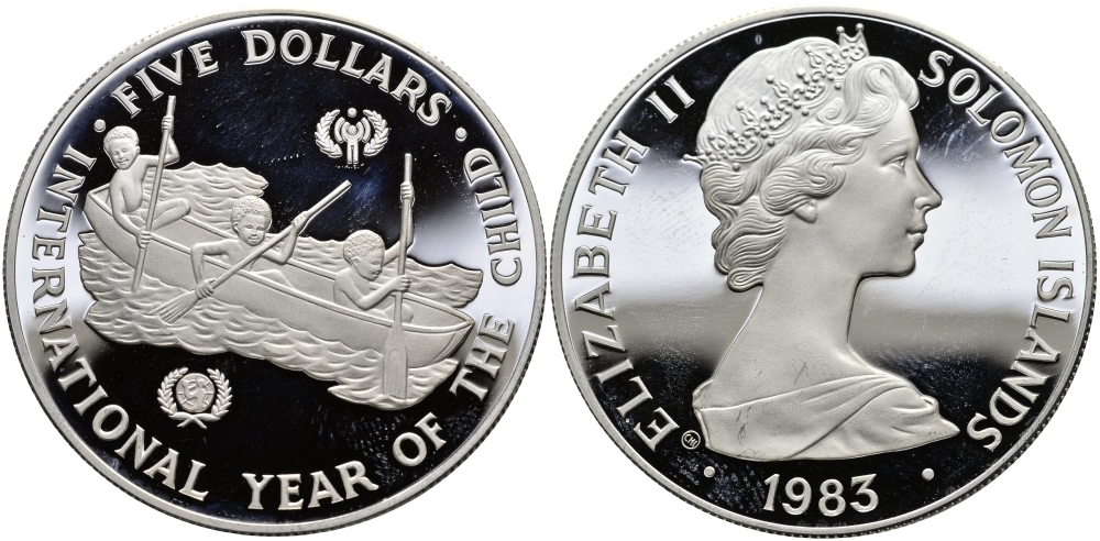 Соломоновы острова 5 долларов 1983 Международный год детей, тираж 5775 экземпляров KM 16 серебро PROOF 1068-1-11