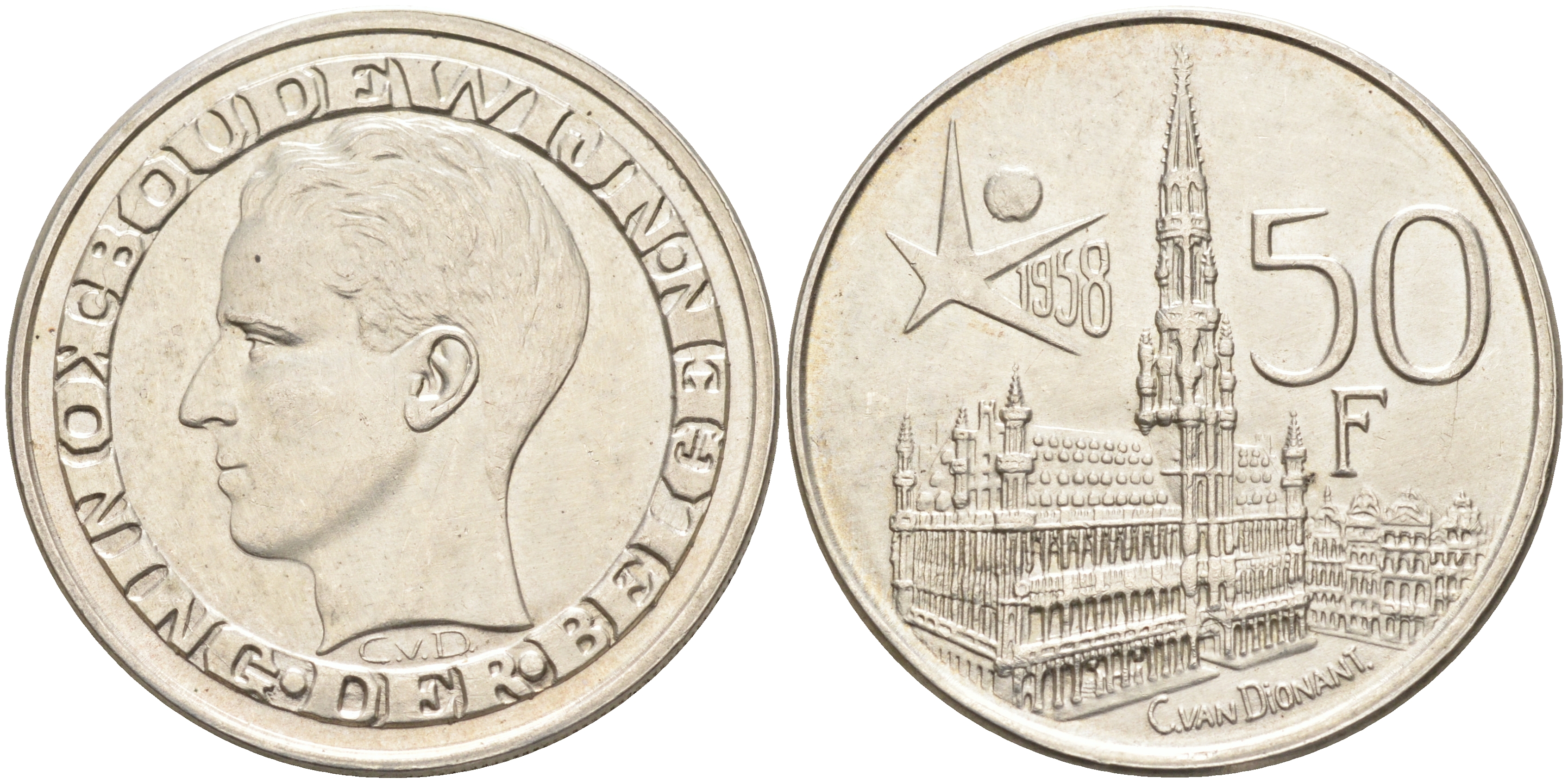 Бельгия 50 франков 1958 ВСЕМИРНАЯ ЯРМАРКА В БРЮССЕЛЕ, DER BELGEN KM 151.1 серебро UNC 4593-845
