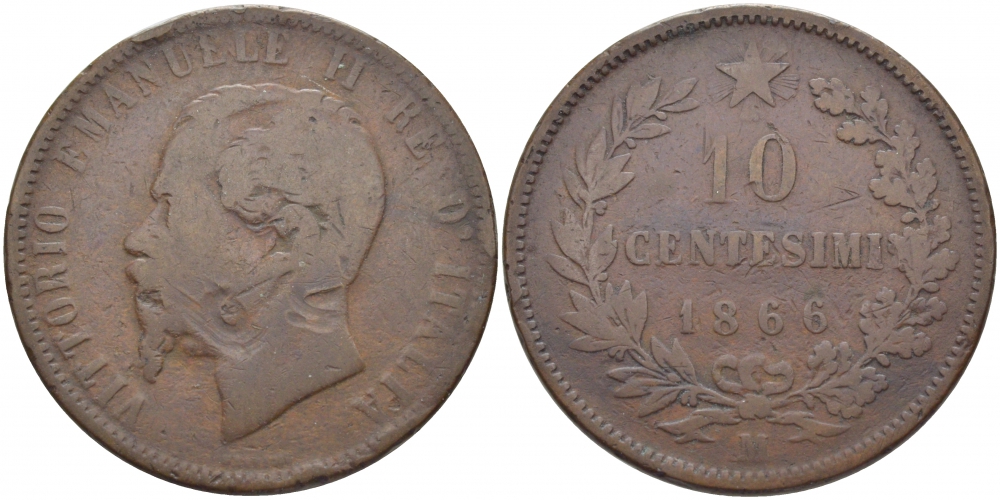 ИТАЛИЯ 10 ЧЕНТЕЗИМО 1866 М, ВИКТОР ЭММАНУИЛ II (1861-1878) KM 11.1 медь 114-626
