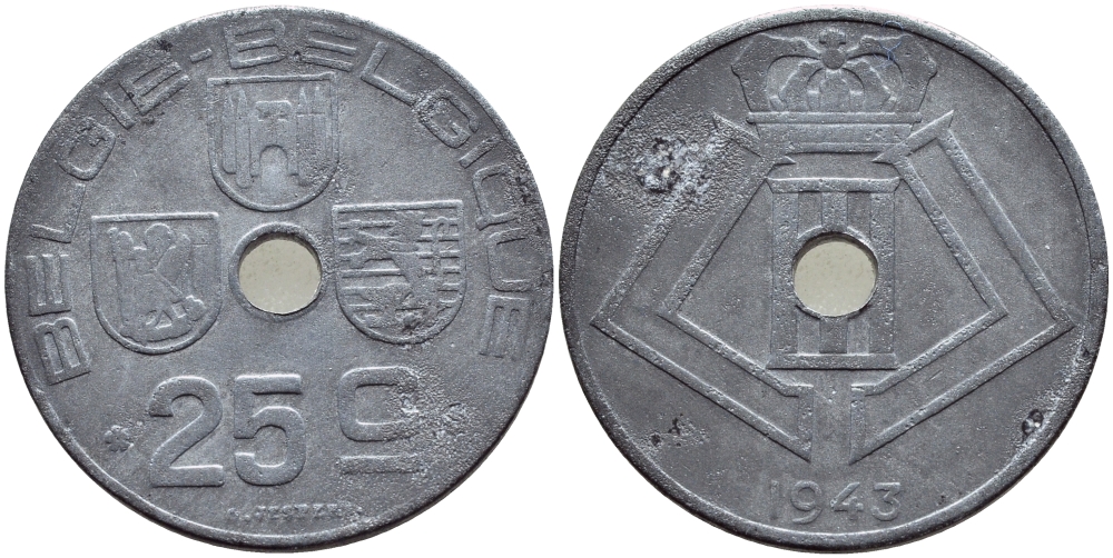 БЕЛЬГИЯ 25 САНТИМОВ 1943 BELGIE-BELGIQUE, ГЕРМАНСКАЯ ОККУПАЦИЯ, ВТОРАЯ МИРОВАЯ ВОЙНА KM 132 цинк 86-1215