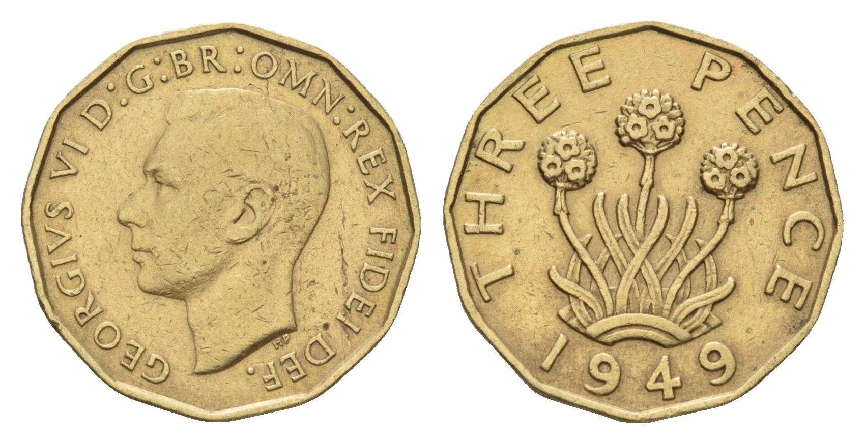 Великобритания 3 пенса 1949 Георг VI (1936-1952), редкий год KM 873, Spink 4113 никель латунь 270-1432