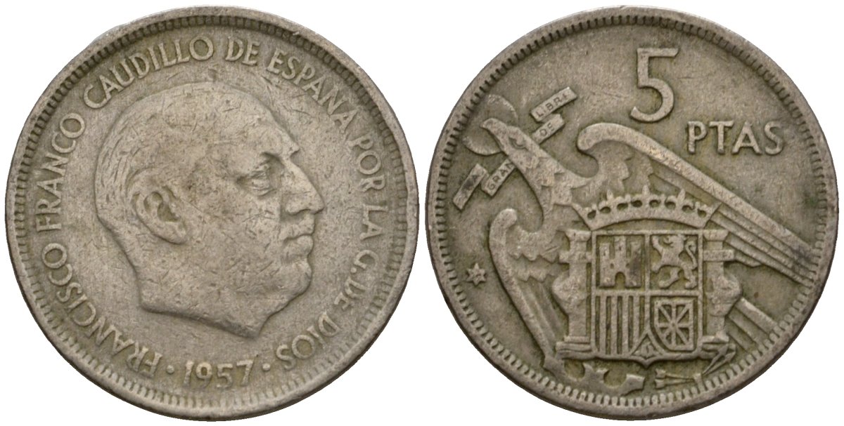 Испания 5 песет 1957 Франсиско Франко (1939-1975) KM 786 медно-никель 183-237