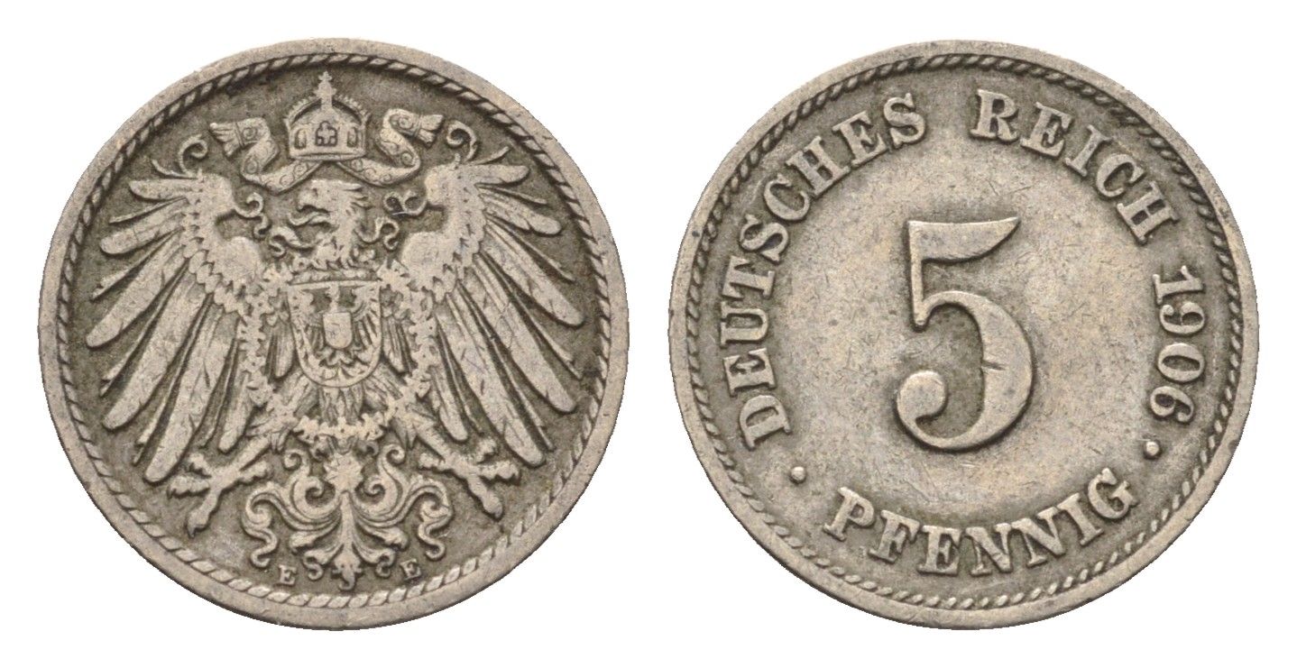 Германия 5 пфеннигов 1906 E KM 11, J. 12 медно-никель 4696-628