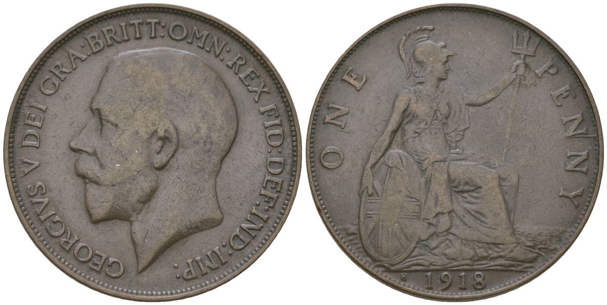 Великобритания 1 пенни 1918 H, Георг V (1910-1936) KM 810, Spink 4052 бронза    69-411