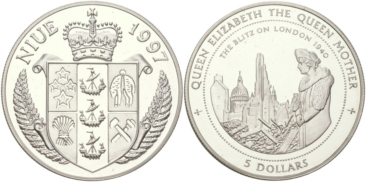 Ниуэ 5 долларов 1997 «Блиц» на Лондон - 1940 KM 173 серебро PROOF 01-235-25