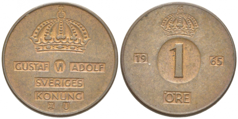 Швеция 1 эре 1965 U, Густав VI Адольф (1950-1973) КМ 820 бронза 3955-311