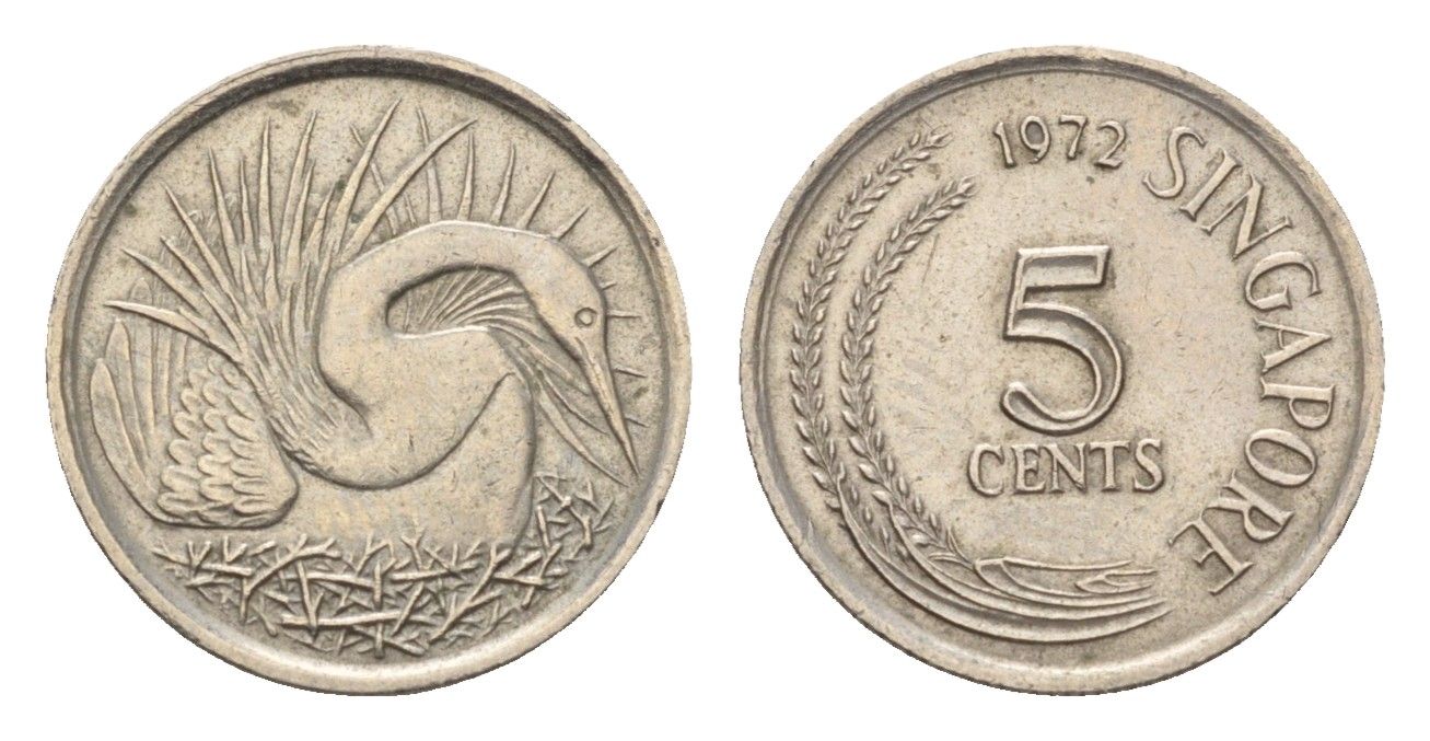 Сингапур 5 центов 1972 большая белая цапля KM 2 медно-никель 4685-915