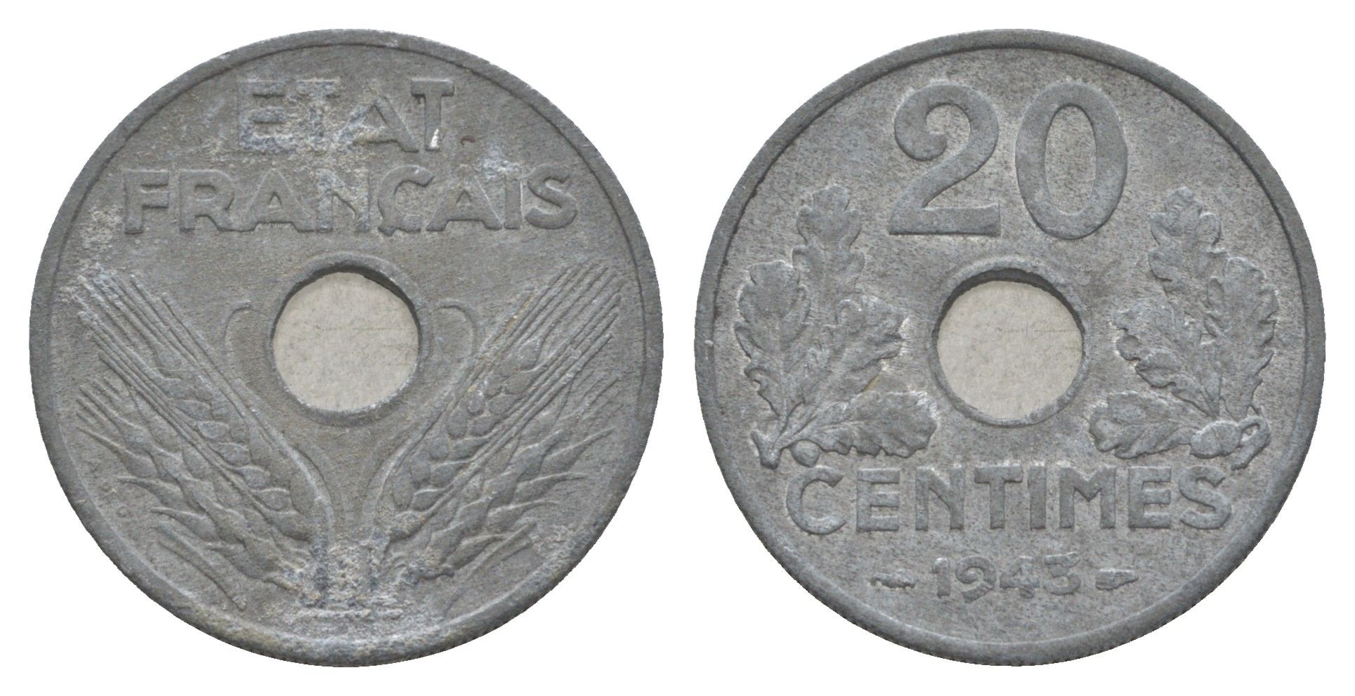 Франция 20 сантимов 1943 KM 900 цинк 4539-355