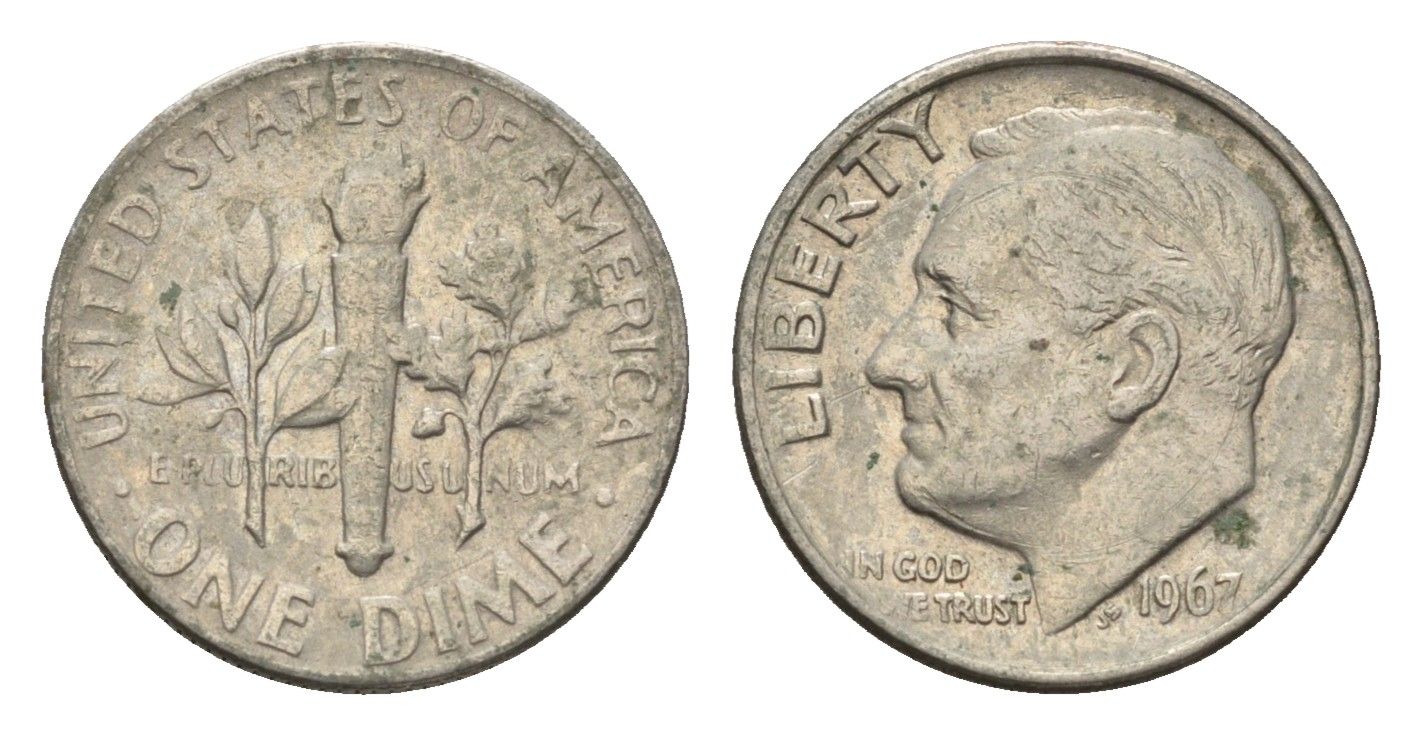 США 10 центов (дайм) 1967 Рузвельт KM 195a медь плакированная медно-никелем 4674-537