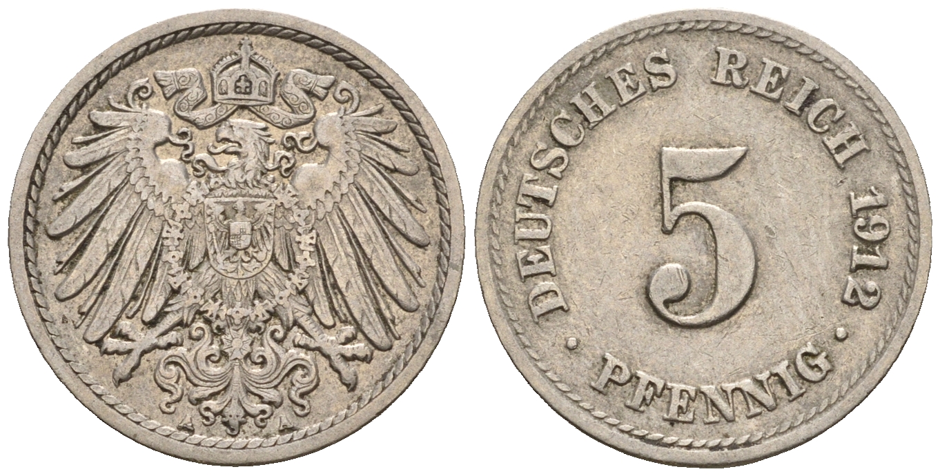 Германия 5 пфеннигов 1912 A, KM 11, J. 12 медно-никель 220-643