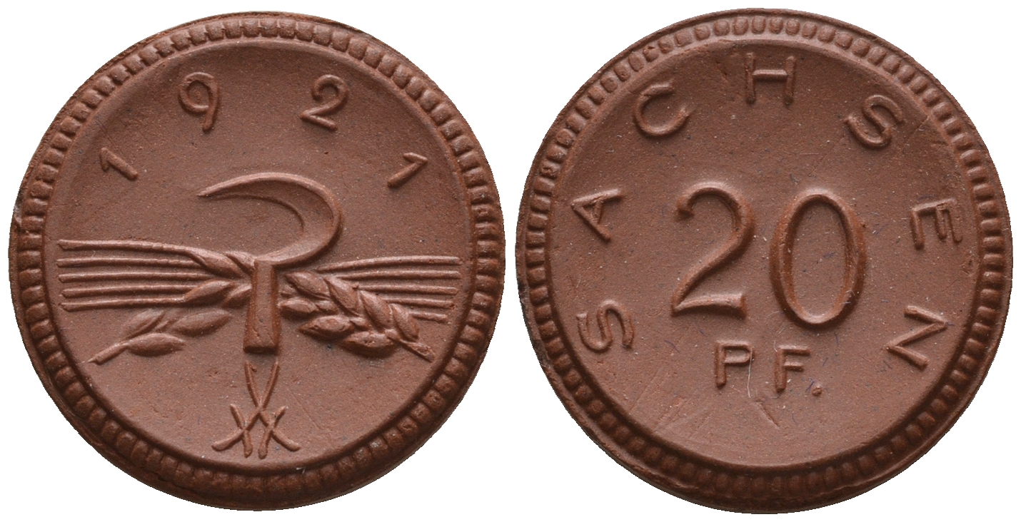 Саксония 20 пфеннигов 1921 колосья и серп J. N 53 фарфор UNC 1094-9-45