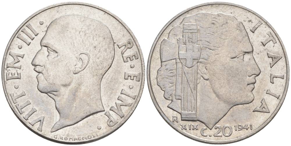 ИТАЛИЯ 20 ЧЕНТЕЗИМО 1941 R, ГОД XIX, ВИКТОР ЭММАНУИЛ III (1900-1946) KM 75b, VEM3. 1028 нержавеющая сталь 3853-812