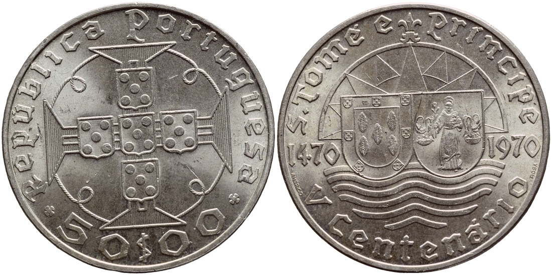 Португальское Сан-Томе и Принсипи 50 эскудо 1970 500 лет открытию Сан-Томе и Принсипи KM 21 серебро 633-532