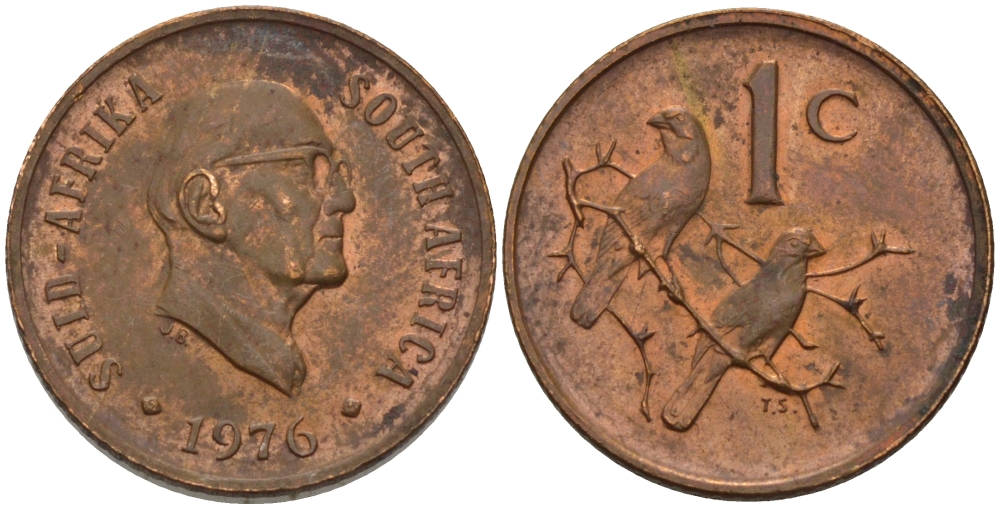 ЮАР 1 ЦЕНТ 1976 ПРЕЗИДЕНТ ЯКОБУС ЙОХАННЕС ФУШЕ, КАПСКИЕ ВОРОБЬИ KM 91 бронза UNC 66-244