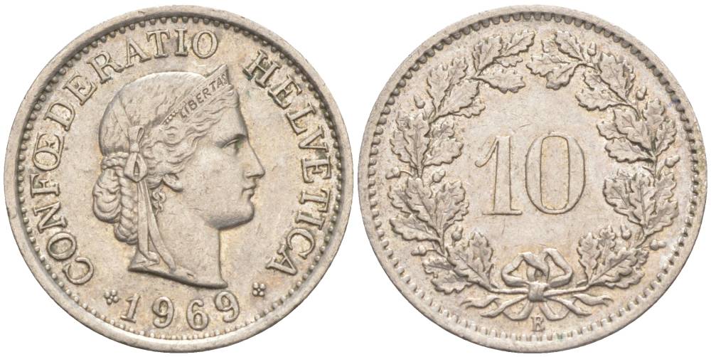 ШВЕЙЦАРИЯ 10 РАППЕНОВ 1969 В KM 27 медно-никель 55-416
