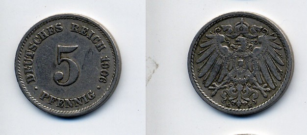 ГЕРМАНИЯ 5 ПФЕННИГОВ 1909 E, KM 11, J. 12 медно-никель 76-242