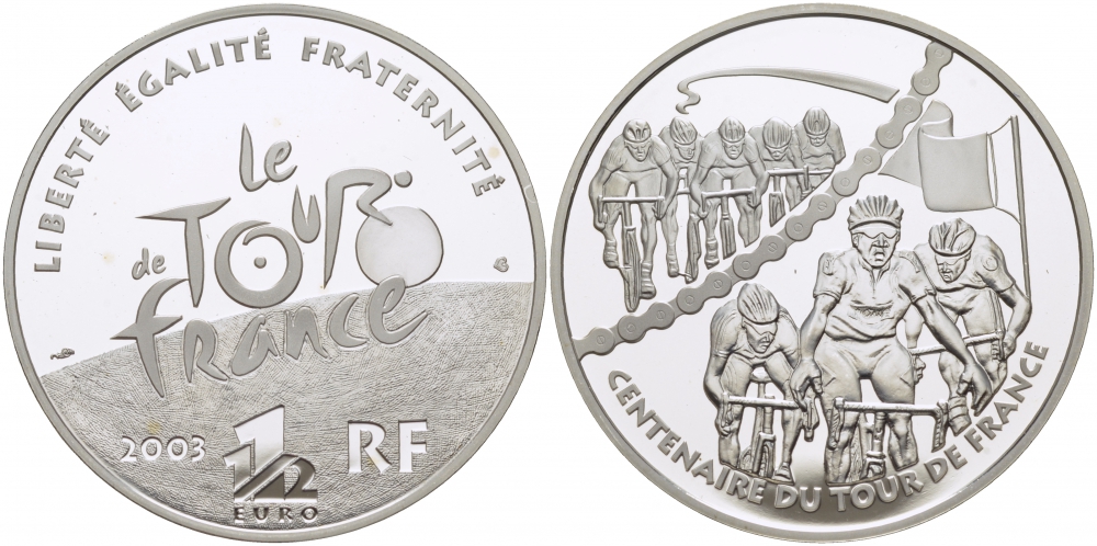 Франция 1 1/2 евро 2003 100 лет велогонкам Тур де Франс, группы велосипедистов KM 1324 серебро PROOF 1077-7-52