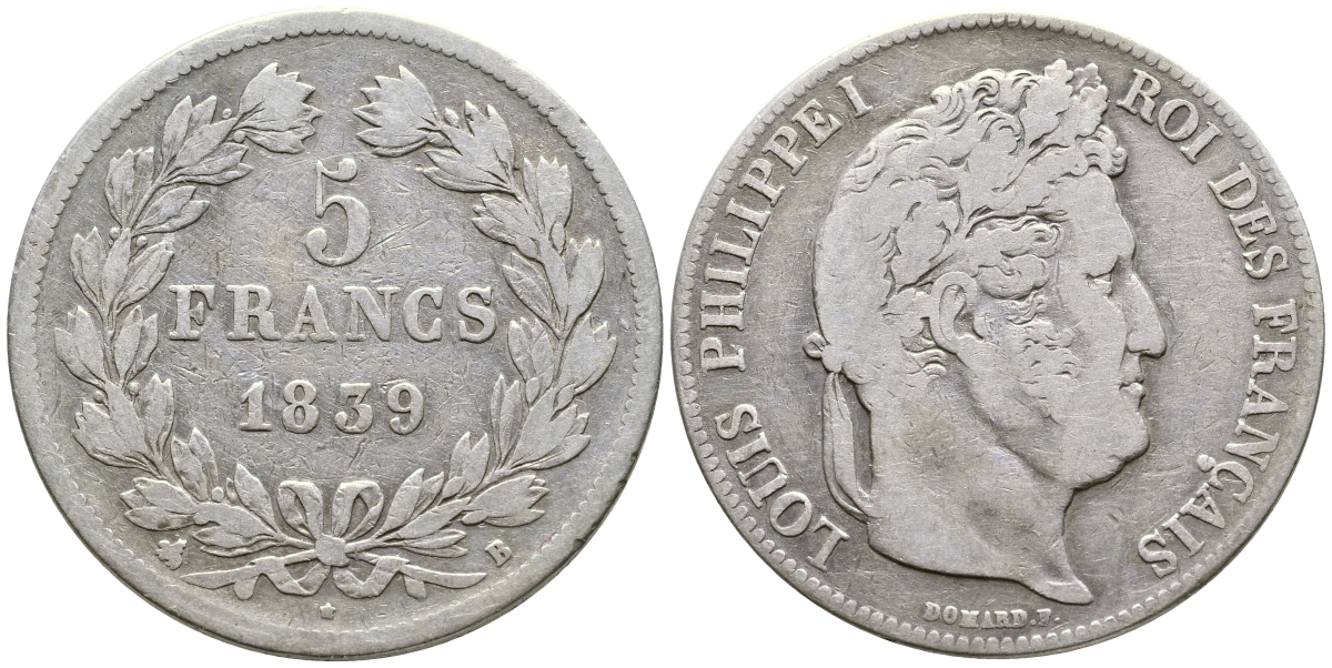 Франция 5 франков 1839 B, Луи Филипп I (1830-1848) KM 749.2 серебро 1066-7-54