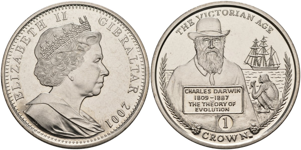 Гибралтар 1 крона 2001 серия Викторианский век, Чарльз Дарвин (история эволюции) KM 924 медно-никель UNC 4578-432