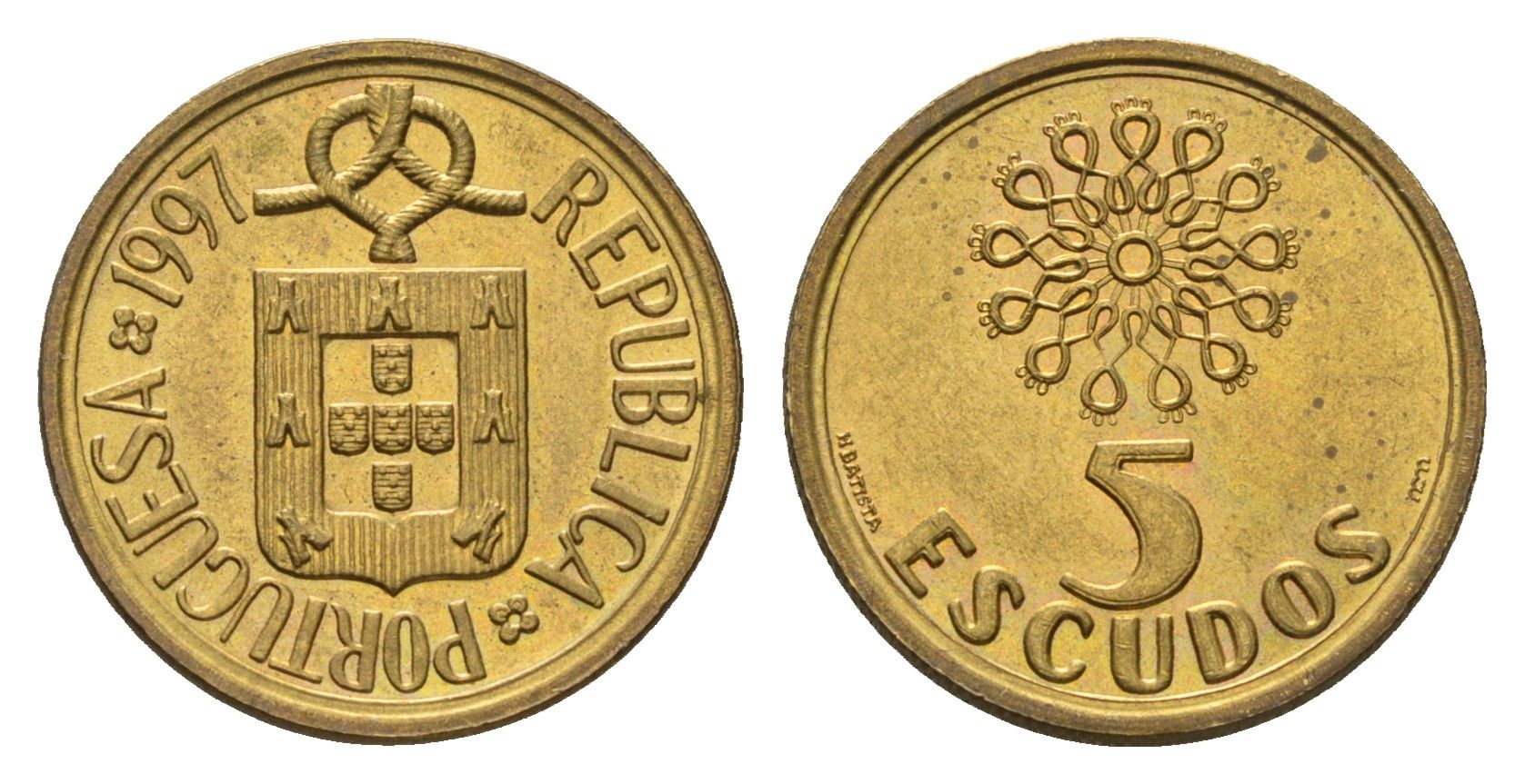 Португалия 5 эскудо 1997 KM 632 никель латунь UNC 4674-765