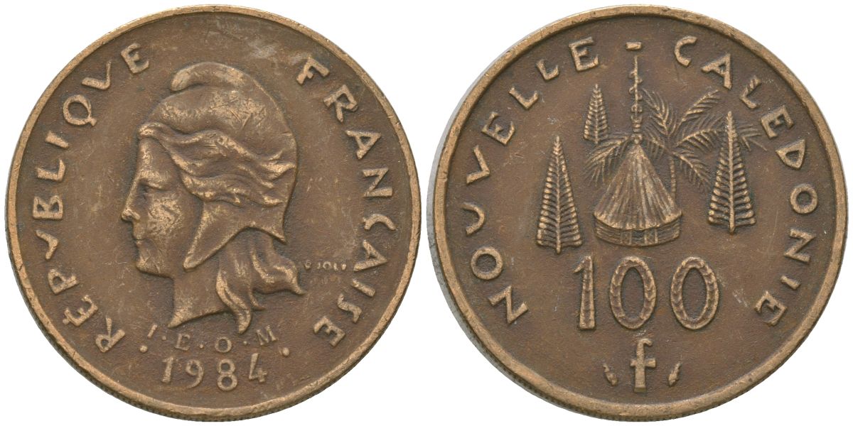 Французская Новая Каледония 100 франков 1984 хижина среди сосен и пальм, (IEOM) KM 15, Schoen 16, Lec 130-145 никель латунь 4137-745