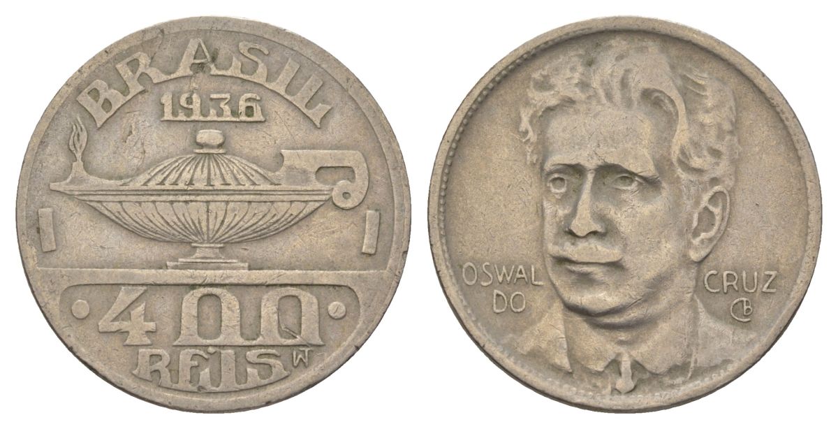 Бразилия 400 реалов 1936 Освалду Крус KM 539 медно-никель 4624-1215